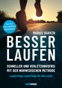 Die Worte "Besser Laufen" dominieren. Ein Läufer auf einer Straße bei Sonnenuntergang, grüner Untergrund.