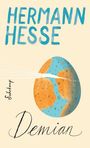Text: "HERMANN HESSE", "Siddhartha", "Suhrkamp". Illustration: Ein Fluss in Form eines 'S' mit einem Boot und einer Person.