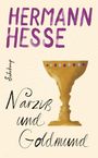 „Hermann Hesse, Narziss und Goldmund“. Illustration: goldener Kelch mit farbigen Symbolen. Suhrkamp-Logo seitlich.