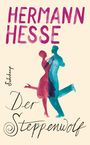 Text: "HERMANN HESSE", "Suhrkamp", "Der Steppenwolf". Illustration: Ein Mann und eine Frau tanzen in blauen und roten Silhouetten.
