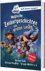 "Ihr Text: 'Ich kann lesen! Magische Zaubergeschichten zum ersten Lesen'. Zwei Kinder auf Besen, mit Hexenhüten, fliegen über Bäume."