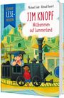 Buchtitel: "Jim Knopf - Willkommen auf Lummerland". Zeichnung eines Jungen und Lokführer vor Berglandschaft.