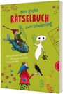 "Mein großes Rätselbuch zum Schulanfang" steht oben. Figuren: Wassermann, Gespenst, Hexe mit Rabe, Zahlen und Formen.
