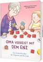 Text: "OMA VERREIST MIT DEM ENZ" und "Eine Geschichte über das Vergessen und die Liebe". Illustration einer Oma und eines Kindes, die Karten spielen.