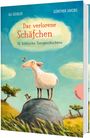 Illustration: "Das verlorene Schäfchen" - 12 biblische Tiergeschichten. Ein Schaf steht auf einem Felsen, umgeben von Vögeln.