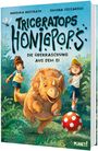 "Triceratops Honigpops: Die Überraschung aus dem Ei." Zwei Kinder und ein junger Dinosaurier in einem dschungelartigen Umfeld.