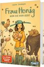Buchtitel: "Frau Honig: Wenn der Hahn kräht". Illustration von Kind mit Tieren auf einem Bauernhof.