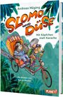 Text: "SLOMO UND DÜSE", "Mit Köpfchen statt Karacho". Illustration: Faultier und Schildkröte auf einem lustigen Fahrrad.