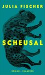 Text: "JULIA FISCHER", "SCHEUSAL", "ROMAN . CLAASSEN". Illustration einer liegenden Hyäne auf grünem Hintergrund.