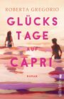 "GLÜCKSTAGE AUF CAPRI, ROMAN" beschreibt eine Impression von zwei Figuren in einem orange-pinkfarbenen, abstrakten Hintergrund.