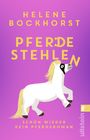 Text: "Helene Bockhorst Pferde stehlen Schon wieder kein Pferderoman" 
Eine Illustration: weißes Pony auf lila Hintergrund.