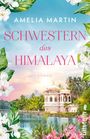 „Schwestern des Himalaya“. Im Hintergrund Palmen, Berge, ein Pavillon und Wasser, umrahmt von weißen Blüten.