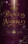 Text: JUSTINE AHLERS, PRINCESS OF AMBERLEY. Krone, florale Verzierungen auf dunkelviolettem Hintergrund.