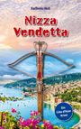 „Nizza Vendetta“ von Karlheinz Moll, eine Armbrust über einer bunten Küstenlandschaft mit lila Blumen.