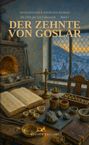 Historischer Kriminalroman, Band 3. Alter Tisch mit Waage, offenen Büchern, Kerze, Mörser, Metallen und Blick auf verschneite Stadt.