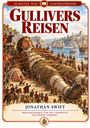 „Gullivers Reisen“ von Jonathan Swift. Illustration: Riese liegt gefesselt am Boden, umgeben von winzigen Menschen.