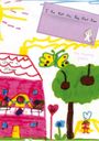 Lila Text: "I Am Not the Boy Next Door." Illustration eines bunten Hauses, Schmetterlings und Baums mit Kirschen.