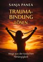 Titel: "TRAUMABINDUNG LÖSEN". Untertitel: "Wege aus der toxischen Abhängigkeit". Silhouette einer Frau mit gesprengten Ketten vor Sonnenuntergang.