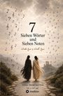 "7 Sieben Wörter und Sieben Noten" in Deutsch und Arabisch. Zwei Frauen gehen auf einem Pfad, umgeben von Noten und Buchstaben.