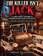 "The Killer Isn't Jack" in großen Buchstaben, gefolgt von Details über ein 3.000 Verdächtigen-Rätsel. Vintage-Setting mit Kerzen.