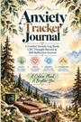 "Anxiety Tracker Journal" umgeben von Waldlandschaft, Berge und See bei Sonnenuntergang, Tasse und Notizbuch im Vordergrund.