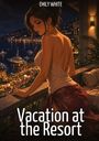 Text oben: "Emily White". Unten: "Vacation at the Resort". Illustration einer Frau auf einem Balkon mit Meerblick bei Nacht.