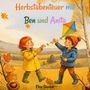 „Herbstabenteuer mit Ben und Anita“. Zwei Kinder fliegen fröhlich einen Drachen in einer herbstlichen Landschaft.