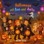 „Halloween mit Ben und Anita“. Kinder in Kostümen mit Kürbislaternen und Dekorationen feiern Halloween.