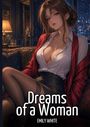Titel: "Dreams of a Woman" von Emily White. Illustration einer Frau in eleganter Kleidung auf einem Sofa in einem beleuchteten Raum.