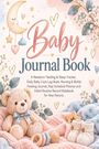 "Baby Journal Book" in verspielter Schrift, umgeben von einem Mond, Sternen, einem Teddybär und Babyaccessoires.