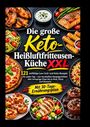 „Die große Keto-Heißluftfritteusen-Küche XXL“, bunte Speisen, Salate, Hähnchenflügel, Lachs, Pizza, Muffins.
