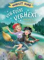 „Margit Auer, Verflixt verhext, Ausflug ins Hexendorf“. Zwei Mädchen fliegen fröhlich auf einem Besen über ein Dorf.