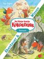 "Der kleine Drache Kokosnuss: Steinzeit", "Wissen", "Abenteuer &". Ein Drache in Steinzeit-Szene mit Menschen und Höhlenmalerei.