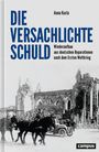 „DIE VERSACHLICHTE SCHULD“ von Anna Karla. Gebäude mit Trümmern im Hintergrund, Pferdewagen im Vordergrund. Logo: campus.