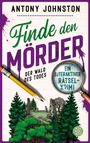 "Finde den Mörder", "Der Wald des Todes", "Ein interaktiver Rätselkrimi". Wald und Steinkreis, Lupe und Bleistift sichtbar.