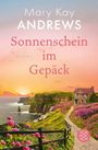 Text: "Mary Kay Andrews, Sonnenschein im Gepäck, Roman". 

Illustration: Küstenlandschaft bei Sonnenuntergang mit Haus, Blumen, Klippen.