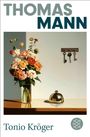 „Thomas Mann“, „Tonio Kröger“. Illustration: Vase mit bunten Blumen, Tischglocke, Schlüssel hängen an der Wand.