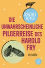 "Die unwahrscheinliche Pilgerreise des Harold Fry" Roman. Oben Vogel auf blauem Kreis, darunter gezeichnete Schuhe.