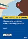 "Therapeutisches Malen mit Kindern und Jugendlichen". Illustration: Bär mit Stiften. "E-Book inside auf psychotherapie.tools".