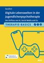 "Digitale Lebenswelten in der Jugendlichenpsychotherapie" mit Controller, Laptop, Handy-Icons auf gelbem Hintergrund.