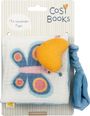 "Mit rasselnder Figur." Oben "Cosi Books" und unten "COPPENRATH". Stoffbuch mit buntem Schmetterling und gelbem Stoffanhänger.
