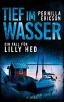 TIEF IM WASSER, PERNILLA ERICSON, EIN FALL FÜR LILLY HED. Eine Hütte und ein Segelboot an einem felsigen Ufer bei Abenddämmerung.