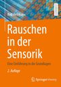 "Rauschen in der Sensorik" steht in großen weißen Buchstaben auf orangem Hintergrund. Links bunte geometrische Muster.