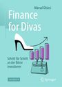 "Finance for Divas" oben, "Schritt für Schritt an der Börse investieren" unten. Illustration: High Heel, Börsenchart und Tasche.