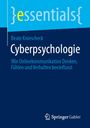 "Cyberpsychologie: Wie Onlinekommunikation Denken, Fühlen und Verhalten beeinflusst." Oben blaues Design mit Logo.