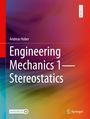 Text: "Andreas Huber, Engineering Mechanics 1—Stereostatics, TEXTBOOK". Bunte, verschwommene Hintergrundfarben.