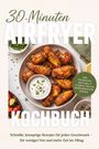 „30-Minuten Airfryer Kochbuch“. Teller mit knusprigen Hähnchenflügeln und Dip. Runde, grüne Textmarkierung.