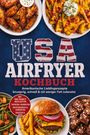 Text: "USA AIRFRYER KOCHBUCH." Verschiedene Gerichte wie Burger, Pommes und Brownies auf einem blauen Hintergrund.