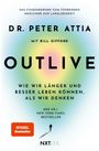Der Text beschreibt ein Buchcover: "OUTLIVE" von Dr. Peter Attia, über Langlebigkeit, mit Bill Gifford. "Spiegel Bestseller".