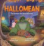 Titel: "HALLOMEAN: The Monster Who Stole Halloween". Ein grünes Monster sitzt mit Süßigkeiten, umgeben von neugierigen Tieren.